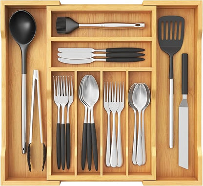 Lifewit Silverware Drawer Organizer, Expandable Utensil Tray for Kitchen, Flatware and Cutlery Holder, Wood Adjustable Storage for Spoons Forks Knives, 28-47 x 38cm, Natural