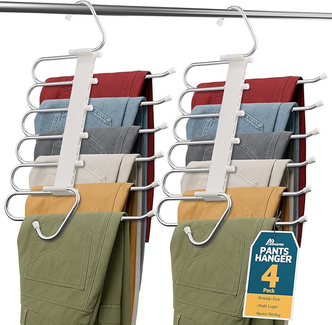 Lifemaster Space Saving Pants Hangers 4 Pack, 6 Layer Jeans Hangers & Closet Organizer for Jeans, Scarves, & Skirts, Multi-Layer Hanger with Anti-Slip Stopper, Heavy-Duty S-Type Stainless Steel, White