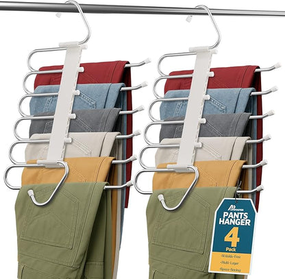 Lifemaster Space Saving Pants Hangers 4 Pack, 6 Layer Jeans Hangers & Closet Organizer for Jeans, Scarves, & Skirts, Multi-Layer Hanger with Anti-Slip Stopper, Heavy-Duty S-Type Stainless Steel, White