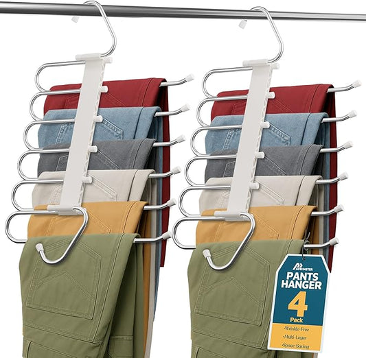 Lifemaster Space Saving Pants Hangers 4 Pack, 6 Layer Jeans Hangers & Closet Organizer for Jeans, Scarves, & Skirts, Multi-Layer Hanger with Anti-Slip Stopper, Heavy-Duty S-Type Stainless Steel, White