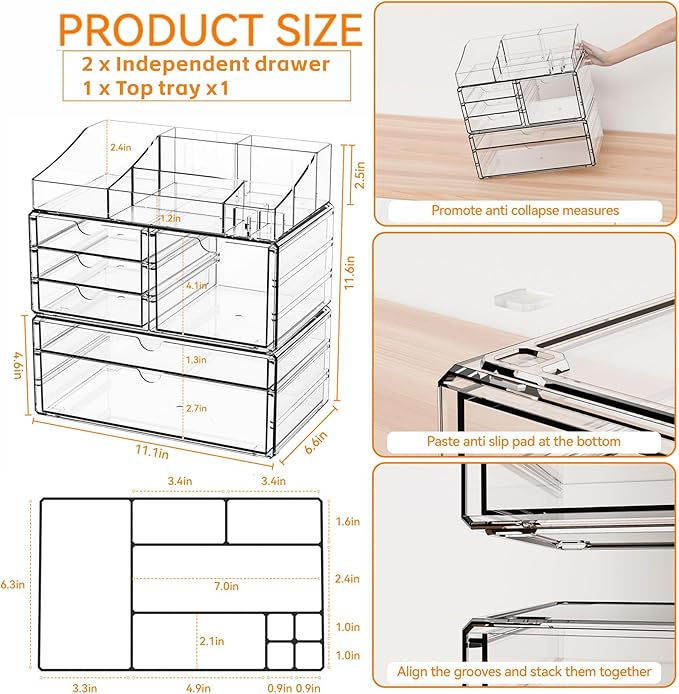 Yieach Acrylic Make up Organizers for Counter,Desk and Vanity,3 Pack Stackable Bathroom Counter Organizer with Drawers,Large Clear Makeup Organizers and Storage for Skincare,Cosmetic,Beauty Products