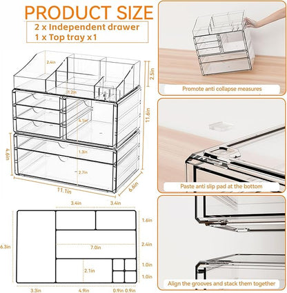 Yieach Acrylic Make up Organizers for Counter,Desk and Vanity,3 Pack Stackable Bathroom Counter Organizer with Drawers,Large Clear Makeup Organizers and Storage for Skincare,Cosmetic,Beauty Products