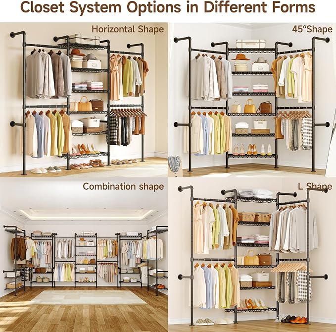 ONBRILL H3 Expandable Wall Mounted Closet System, 5.4FT-8.1FT Closet Organizer with 4 Telescopic Rods & 6 Wire Shelves, Industrial Pipe Clothing Rack for Walk-in & Reach-in Closet (Black)