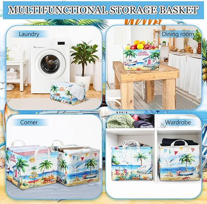Geelin 3 Pcs Beach Baskets Summer Storage Basket for Gifts Collapsible Waterproof Canvas Cute Storage Bin Organizer with Handles for Book Closet Shelf Nursery Decor
