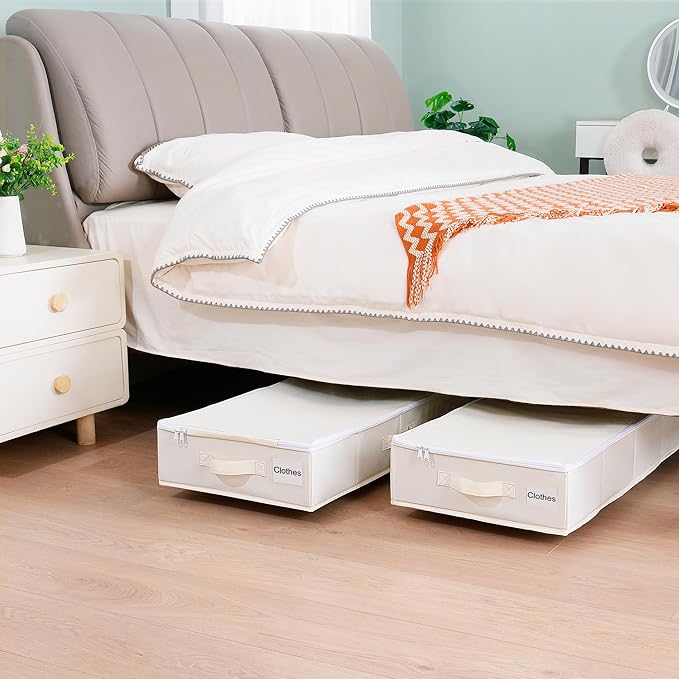 Vincona Under Bed Storage with Wheels, 2 Pack Under Bed Storage Containers with Label Holders for Clothes, Shoes and Blankets, Rolling Underbed Shoe Organizer with Cover, Beige (35.43x15.7x7.28 in)