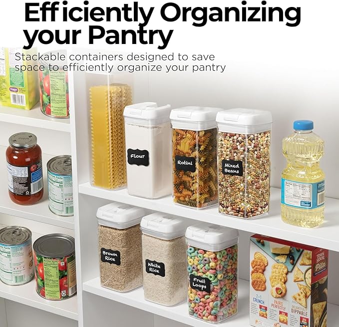 Shazo Airtight Food Storage Containers with Lids - 6 PC BPA Free Clear Plastic Cereal Containers with Easy Lock Lids for Kitchen and Pantry Organization for Snacks and Pasta - 1.2 L