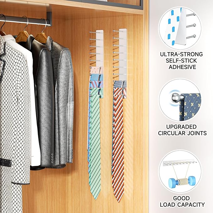 Tie Rack Wall Mounted, Tie Holder Organizer, Closet Ties Organizer Stainless Steels, Adhesive Ties Racks for Men With 20 Hooks, Hanger Storage for Wall Bedroom Living Room Dresser Room (Sliver)