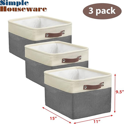 Simple Houseware 15" x 11" Large Fabric Storage Bin for Closet and Shelves, Leather Like Handles, 3 Pack, Dark Gray