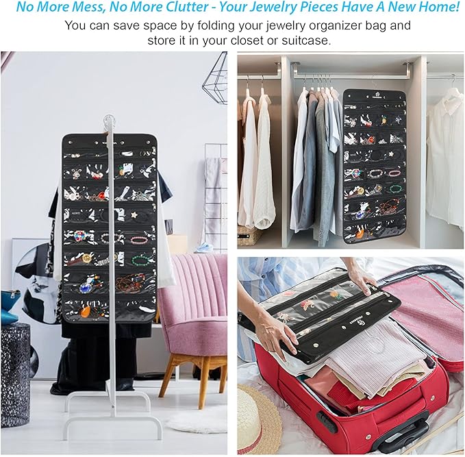Freegrace Hanging Jewelry Organizer with Secure Zipper Closure - 360° Revolving Hanger, 25 Clear Pockets, 23 Necklace Hooks - Foldable Travel Storage & Closet Display (Black)