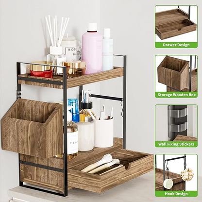 Kottwca 2-Tier Bathroom Counter Organizer with Drawer, Basket & Hooks, Wooden Vanity Shelf for Skincare, Perfume & Makeup Storage(Dark Brown)