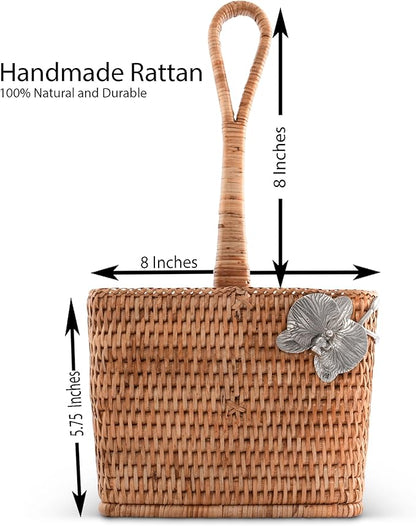 Vagabond House Utensil Caddy - Elegant Rattan Cutlery Holder for Party, Designer Utensil Holder with 4 Compartments, Functional Wicker with Pewter Orchid Flower, Ideal for Tropical Home 12 Inches