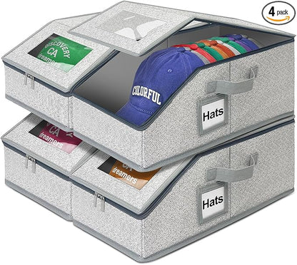 4 Pack Stackable Baseball Cap Organizer for Closet, Holds 24 Hats Each – Hat Storage Boxes with Cardboard Support, Snapback & Fitted Cap Holder, Space-Saving Hat Rack for Men, Grey (Casual, 4, Pack)