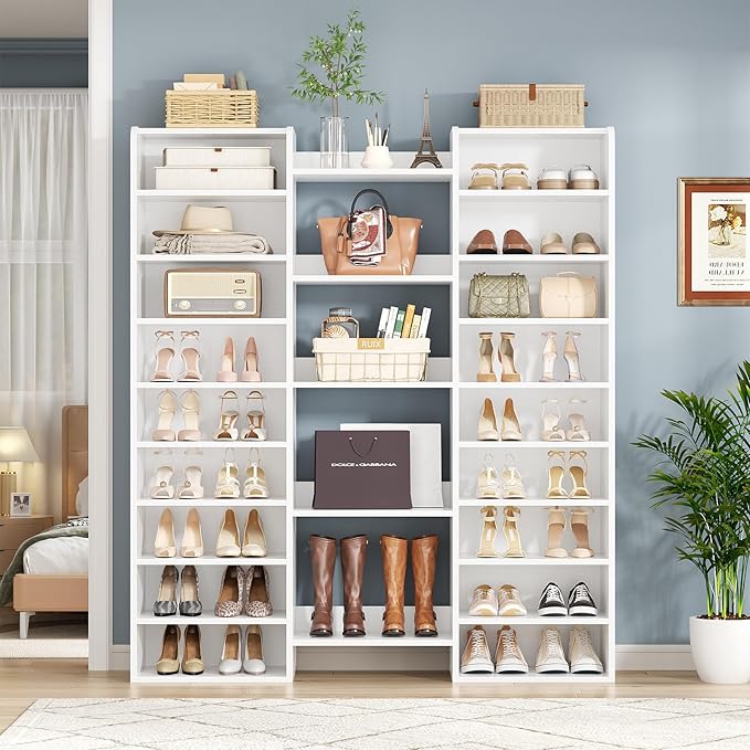 Unikito 14-Tier Shoe Cabinet, Wood Shoe Storage Organizer for Entryway, Freestanding Shoe Rack Cabinet with 22 Open Cubbies for Front Door Entrance, Living Room, Hallway, Bedroom, White