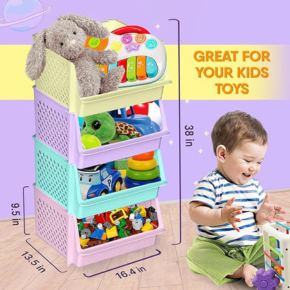 TidyFriend 4 Pk Large Stackable Storage Bins Open Front for Pantry Organizers and Storage, Pantry Storage for Food, Kitchen and Home Organization, Plastic Storage Bins, Dorm Room Essentials (Multi)