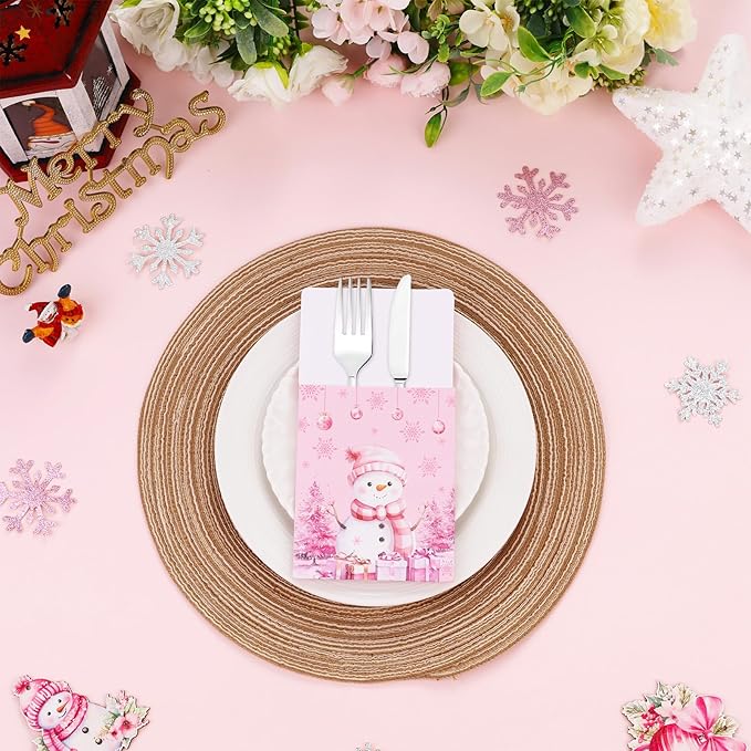 50pcs Winter Christmas Utensil Holder Pockets Pink Flatware Tableware Holder Bags Disposable Knifes Forks Silverware Bags for Christmas Party Table Decor Supplies