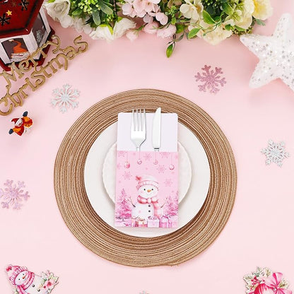 50pcs Winter Christmas Utensil Holder Pockets Pink Flatware Tableware Holder Bags Disposable Knifes Forks Silverware Bags for Christmas Party Table Decor Supplies
