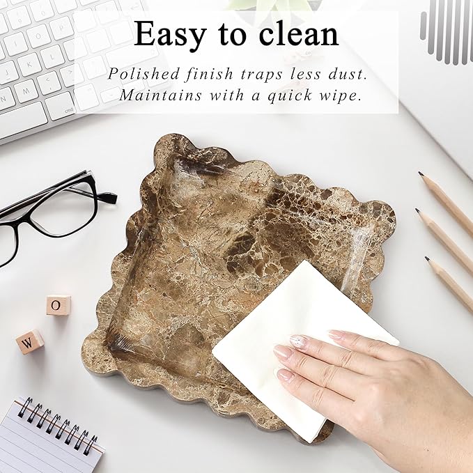 Square Marble Vanity Tray with Scalloped Edge - Natural Marble Perfume Tray Decor for Dresser, Vanity, Kitchen, Home Decor, Decorative Square Stone Tray - Brown 8 * 8 inch
