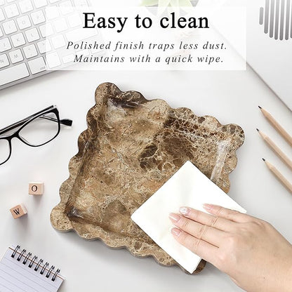 Square Marble Vanity Tray with Scalloped Edge - Natural Marble Perfume Tray Decor for Dresser, Vanity, Kitchen, Home Decor, Decorative Square Stone Tray - Brown 8 * 8 inch