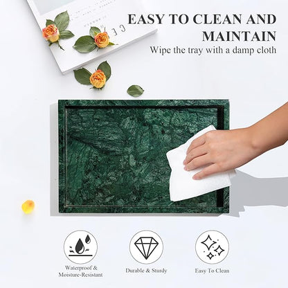 YMXYJM Real Natural Marble Tray for Bathroom, Genuine Marble Stone Vanity Tray, Luxury Storage Trays for Kitchen, Vanity, Home Decor, Dresser, Non-Resin/Non-Ceramic, 12"x 8"x 1.2", Dark Green