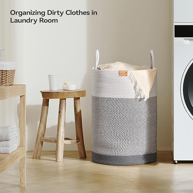 Nunsino Laundry Hamper 75L,Large Laundry Basket for Clothes,Decorative Storage Basket for Blankets,Cotton Rope Woven basket for bedroom,Grey White