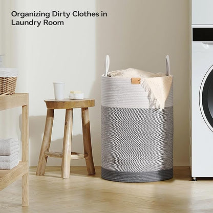 Nunsino Laundry Hamper 75L,Large Laundry Basket for Clothes,Decorative Storage Basket for Blankets,Cotton Rope Woven basket for bedroom,Grey White