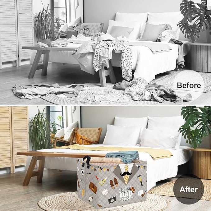Clastyle Father’s Day Laundry Hamper Storage Basket Dad Gift Box Collapsible Large Clothes Organizer Bin for Bedroom, Grey, 40*30*30 cm