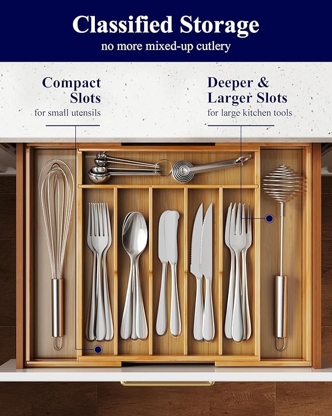 Kitsure Silverware Organizer - Expandable Bamboo Kitchen Drawer Organizer for Cooking Utensils and Cutlery, Sturdy & Thickened Kitchen Organizers and Storage Solution, Large, Natural