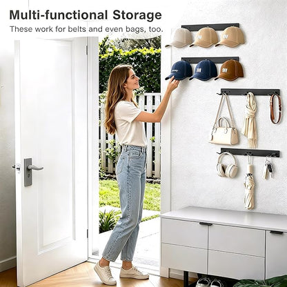 MISSLO Hat Rack for Wall with 2-way Display Hat Hooks for Wall Hanger 4 Pack Holds 24 Baseball Cap Holder Organizer for Closet, Wall Mounted, Bedroom Storage