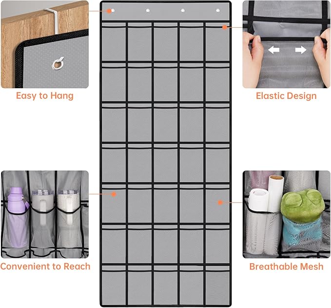 NiHome Multi-Functional 35 Pockets Door Hanging Organizer Fit for Stanley Tumbler in Kitchen, Pantry, Bathroom, Large Capacity Elastic Mesh Secure Storage Water Bottle Cup Holder, Foldable (Gray)