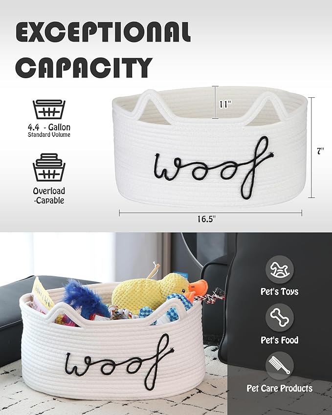 Sea Team Dog Toy Basket with Handles, 16.5 x 11 x 7 Inches, 4.4 Gallons Large Cotton Rope Storage Bin, Box, Shelf Organizer for Pet Chew Toys, Foods, White Woof
