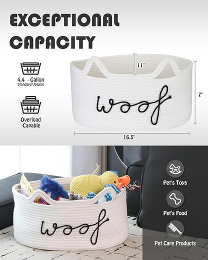 Sea Team Dog Toy Basket with Handles, 16.5 x 11 x 7 Inches, 4.4 Gallons Large Cotton Rope Storage Bin, Box, Shelf Organizer for Pet Chew Toys, Foods, White Woof