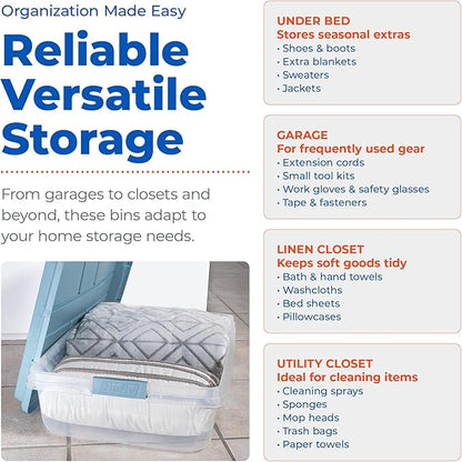 Hefty HI-RISE 40 Qt Stackable Storage Bins with Lids – 6 Pack Clear Plastic Under Bed Storage Containers, Shoe Organizer Boxes with XL Lid-Locking Latches, Comfort-Grip Handles, Durable Double Rim