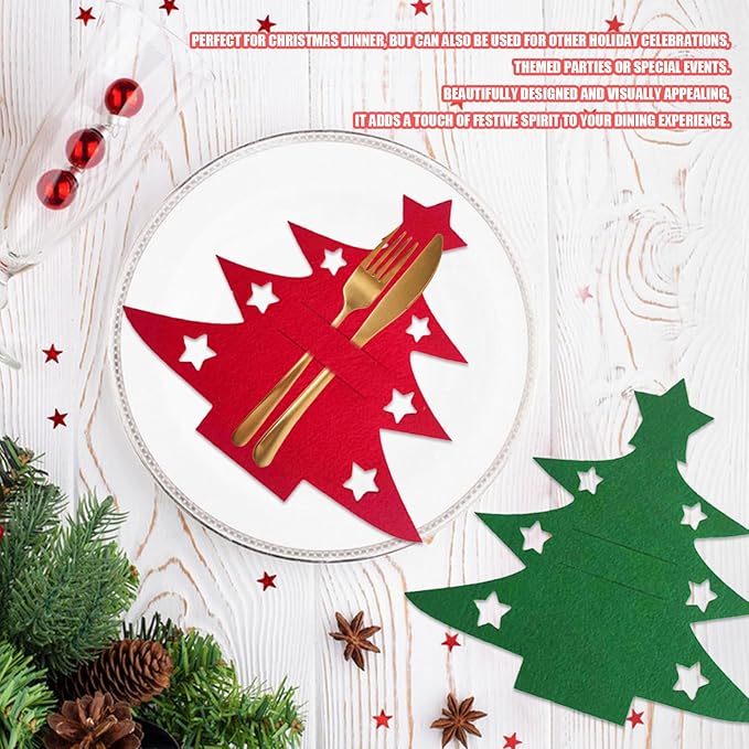Christmas Cutlery Holder, 24 Pcs Green Red Christmas Tree Silverware Holder Pockets, Xmas Utensil Bag Spoon Knife Fork Bags Xmas Party Dinner Table Decorations Supplies