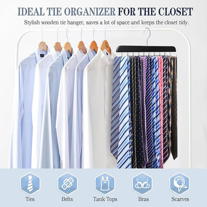 Tie Rack Belt Hanger for Closet Upgraded Non Slip Tie Hanger Space Saving with 20 Foldable Hooks Wooden Belt Tie Organizer for Tank Tops Bras Cami Scarves
