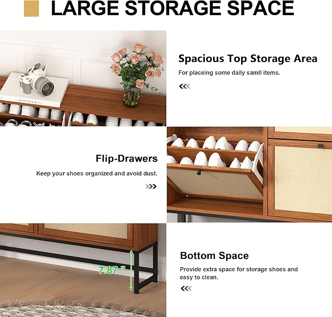 AVZEAR 43" Narrow Shoe Storage Cabinet for Entryway with Natural Linen Panel, Freestanding Slim Shoe Cabinet with 4 Flip Drawers, Wood Shoe Organizer Closed Shoe Rack for Hallway, Living Room(Walnut)
