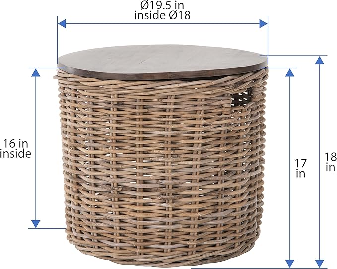 Kouboo Round Rattan Storage Basket with Wood Lid Side or End Table with Hidden Storage for Blankets Pillows & More