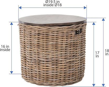 Kouboo Round Rattan Storage Basket with Wood Lid Side or End Table with Hidden Storage for Blankets Pillows & More