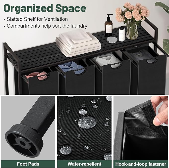 Sonharlar Laundry Hamper, Laundry Sorter with 4 Pull-Out Removable Oxford Fabric Bags Cloth Laundry Basket 4 x 10 Gallons (Charcoal Black)