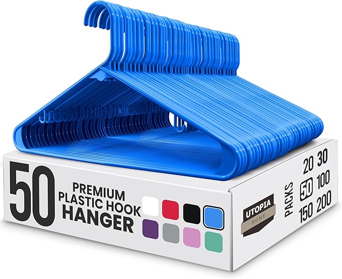 Utopia Home Plastic Hangers 50 Pack - Space Saving Clothes Hanger - Durable & Strong Closet Organizers and Storage with Built-in Strap Hooks - Essential for Shirts, Pants, Skirts & Coats (Blue)