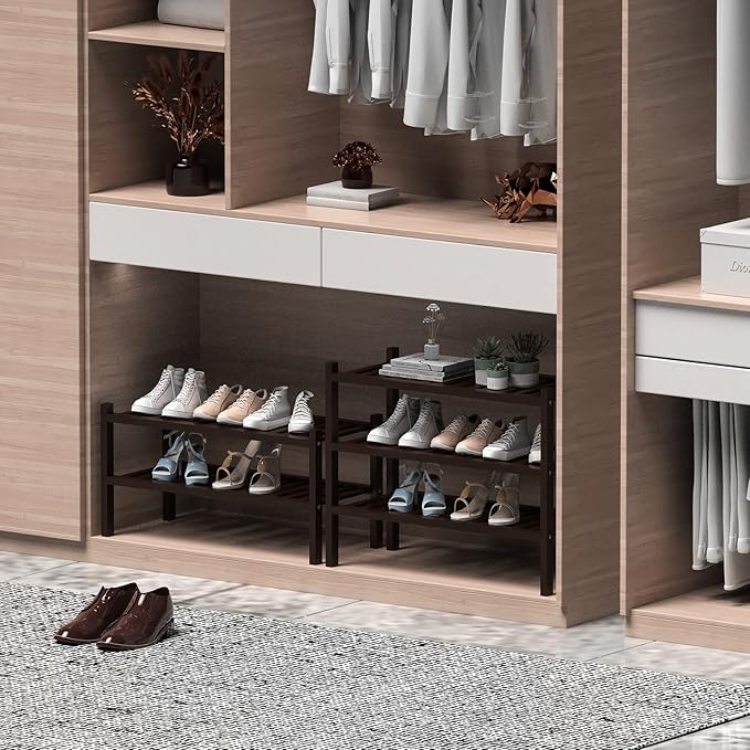 ROMGUAR CRAFT 3 Tier (Thick) Bamboo Shoe Rack for Closet Free Standing Wood Shoe Shelf for Entryway Small Space Stackable 27"x12"x21" (Black Brown)