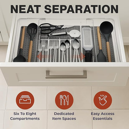 Masirs Expandable Utensil Drawer Organizer - BPA-Free Plastic Clear Silverware Tray with Multiple Compartments - Non-Slip Cutlery Storage for Kitchen, Bathroom, or Office Drawers (Black)