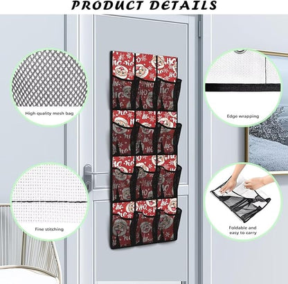 Kawaii The Santa Claus Door Hanging Shoe Organizer for Xmas Home Decor,Mesh Fabric Door Organizers and Storage Space Saving with 12 Pockets Wall Hanging Storage 4 Metal Hook
