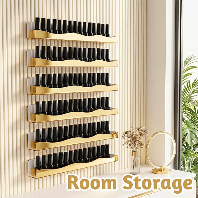 6 Pack Wall Mounted Nail Polish Organizer Rack, 15 Inch Gold Mirror Nail Polish Shelf with Stopper Multi-Purpose Shelf for Essential Oils Cosmetics Storage Display Rack for Salon Bathroom