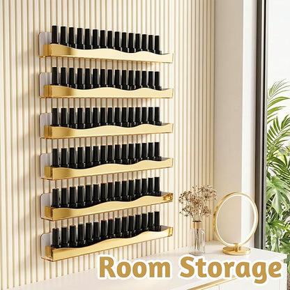 6 Pack Wall Mounted Nail Polish Organizer Rack, 15 Inch Gold Mirror Nail Polish Shelf with Stopper Multi-Purpose Shelf for Essential Oils Cosmetics Storage Display Rack for Salon Bathroom