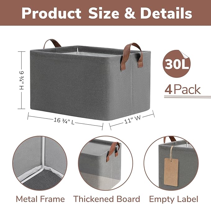 CHICVITA Storage Baskets for Shelves, Large Fabric Storage Bins with Metal Frame, Closet Organizer Bins for Living Room Bedroom, 16 ¾" L x 11" W x 9 ¾" H, Gray, 4-Pack