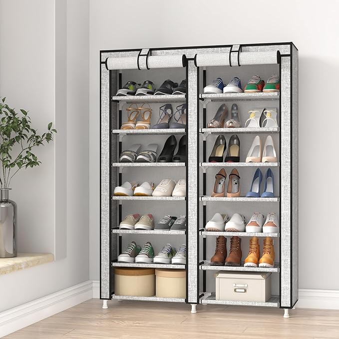 JIUYOTREE 7-Tier Shoe Rack Storage Organizer with Dustproof Cover Closet Cabinet Shelf Holds up to 28 Pairs for Doorway Corridor Balcony Living Room Ash Gray