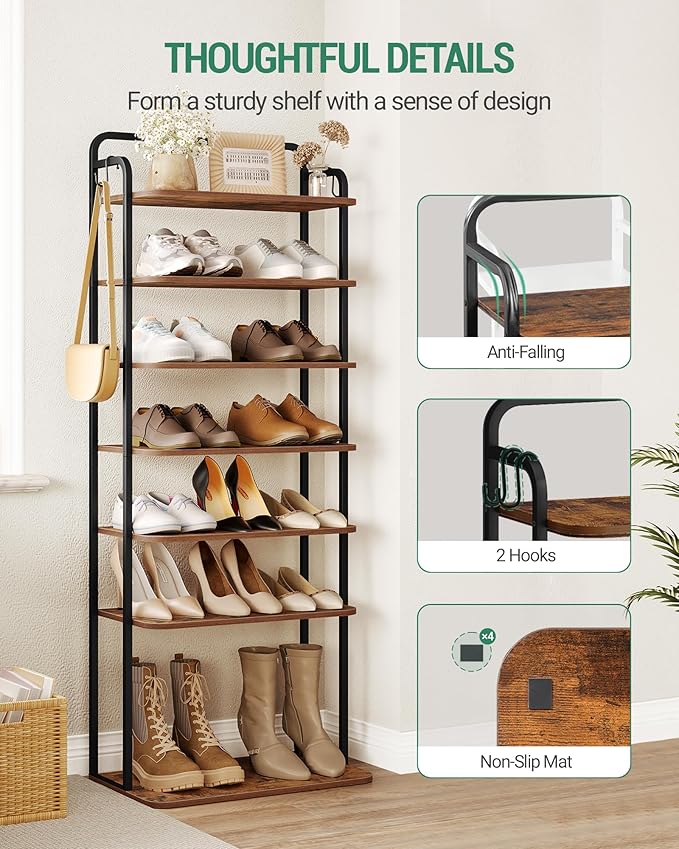 Hzuaneri 8 Tiers Widened Vertical Shoe Rack, Narrow Shoe Tower, Tall Shoes Shelf with 2 Hooks, Adjustable Shelves, Corner Shoes Shelves for Small Spaces, Entryway, Living Room, Rustic Brown SR12501B