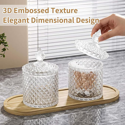 3 Pack Glass Qtip Holder Dispenser with Tray and Tag, Apothecary Jars with Lid, Bathroom Canisters for Storage Organizer for Cotton Swabs, Balls, Pads, Floss Picks, Candy, Jewelry (Clear, 10oz × 3)