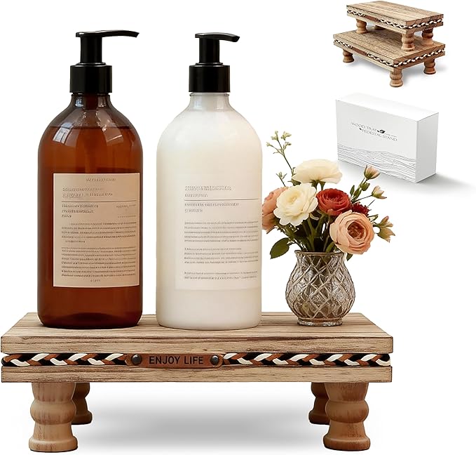 Wood Tray Pedestal Stand, Bathroom Counter Organizer, Modern Farmhouse Riser for Soap/Candle/Sponge Rustic Set （Middle+ Small