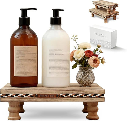Wood Tray Pedestal Stand, Bathroom Counter Organizer, Modern Farmhouse Riser for Soap/Candle/Sponge Rustic Set （Middle+ Small